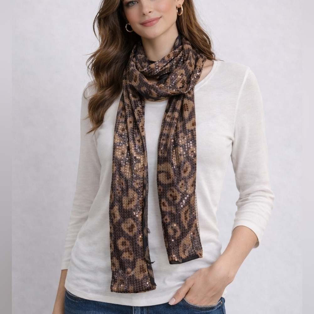 CHICO'S Mobwife Disco Sequin Leopard Cheetah Print Sash Scarf